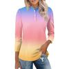 Womens Casual Loose Fit Polo Collar Top with Three Quarter Sleeves Gradient Print Pullover Henley Blouse Shirt