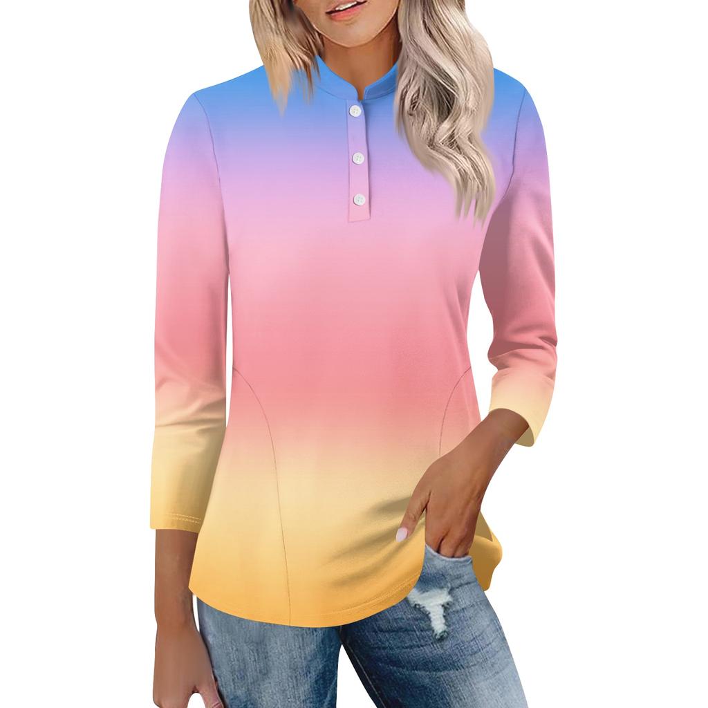 Womens Casual Loose Fit Polo Collar Top with Three Quarter Sleeves Gradient Print Pullover Henley Blouse Shirt