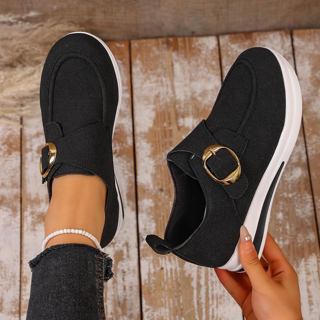 Thick Sole Belt Buckle Loafers for Women – Spring/Autumn New Round Toe Casual Large-Size Footwear