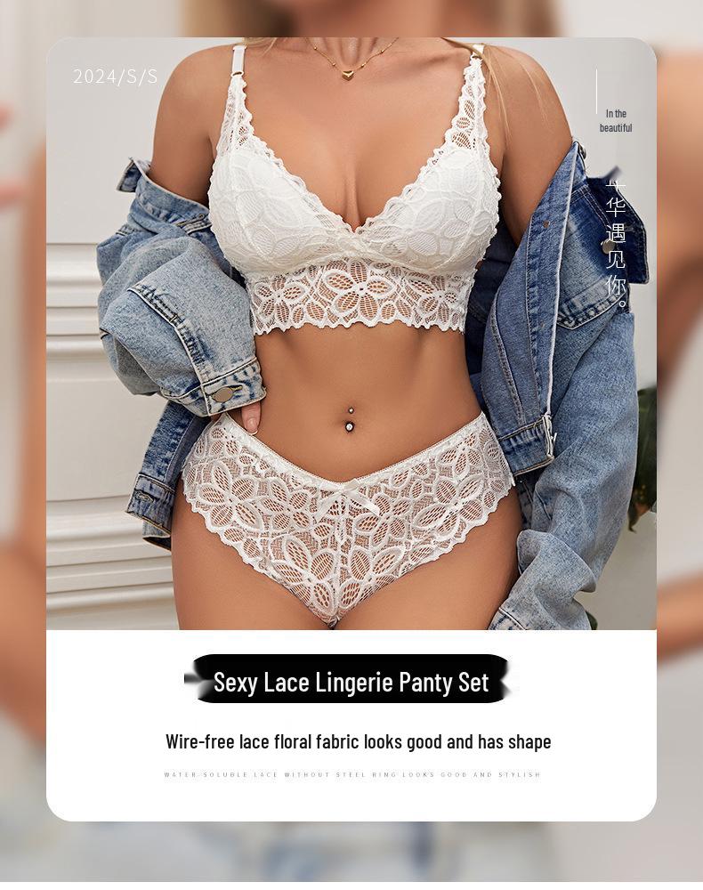 Lace Wire-Free Bra Set: Seamless, Anti-Sagging Triangle Cup Lingerie for Women with Small Busts