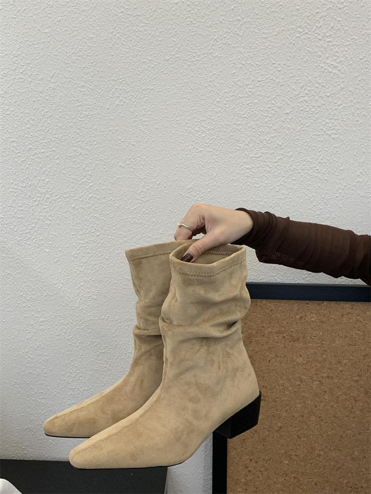 Frosted Suede Western Cowboy Boots Women's Retro Thick Heel Medium Boots High Heel Sleeve Stacking Boots