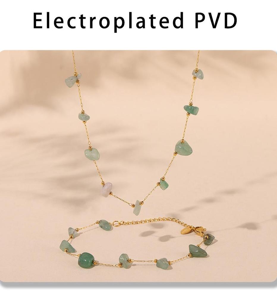 Natural Green Stone & Stainless Steel Collarbone Necklace and Bracelet Set
