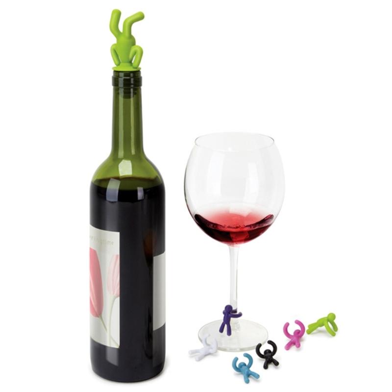 Creative Upside Down Man Design Silicones Bottle Stoppers And Glass Identifier For Wine Lovers And Parties