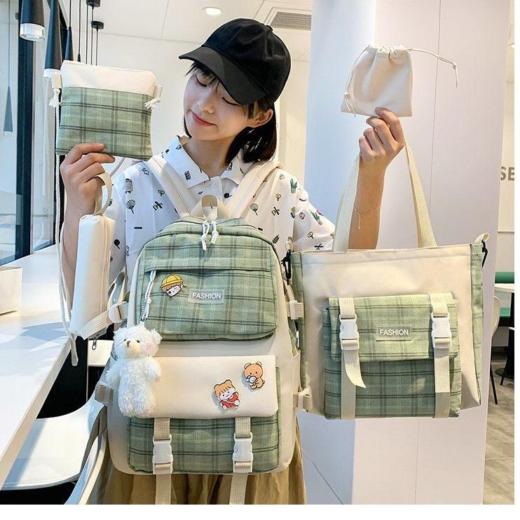 Zaino Zaino scozzese carino per la scuola elementare Zaino trendy da donna in versione coreana Set di cinque pezzi