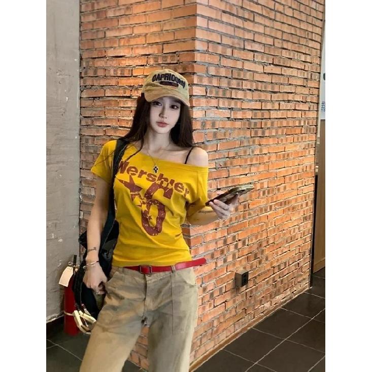 Y2k Sport Summer Off shoulder Top Women Sexy Vintage 2000s Short sleeve T shirt Lady Body Basic Crop Top Female Casual