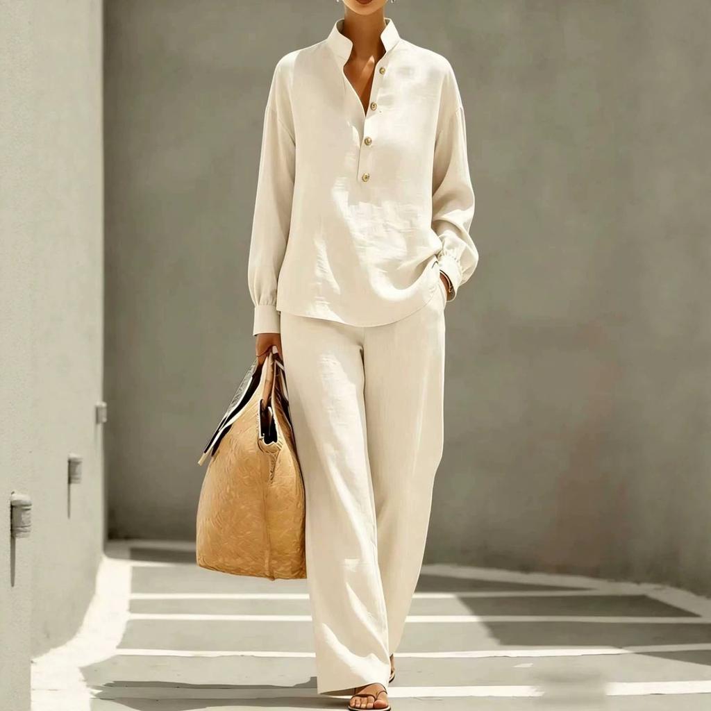 Women's Casual Long Sleeve Shirt and Wide Leg Pants Set Button Front Relaxed Fit Two Piece Outfit for Everyday Wear