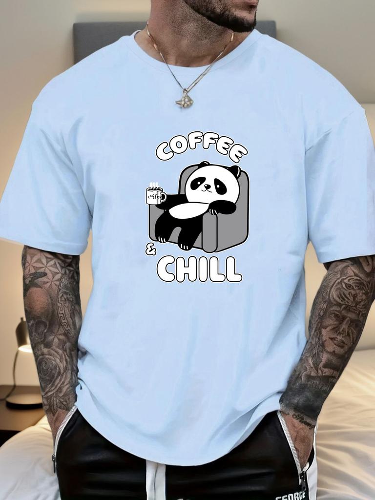 Mens Casual Tshirt Panda Coffee  Chill Print Short Sleeve Round Neck Breathable Soft Oversized Daily Wear Tee
