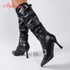 Fashion Aphixta Knee-High Sexy Woman Boots Metal Buckle Pleated Mid-Calf Soft Leather 8cm High Heels Women's Boots Long Boots 2025 Woman