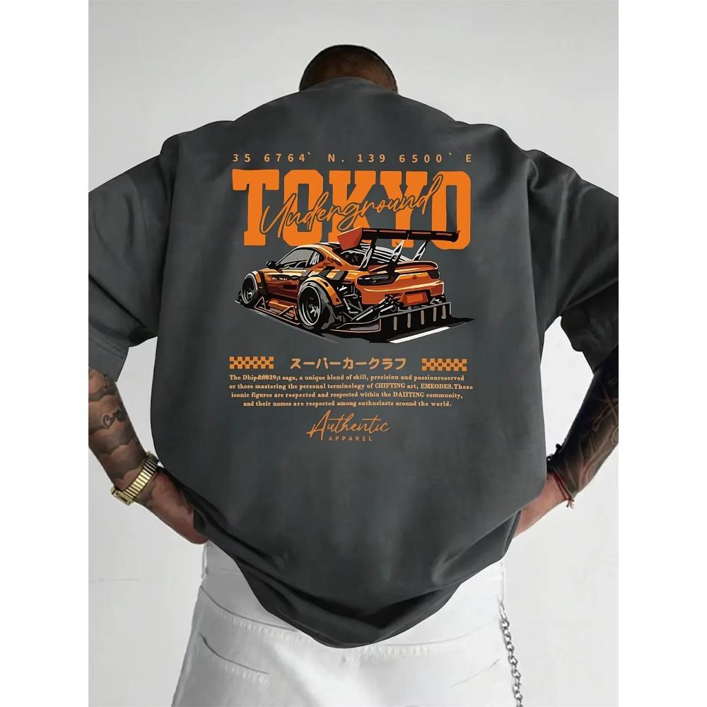 Pánské letní 100% bavlna módní ležérní volné nadměrné velikosti japonské Tokio vzor potisk kulatý výstřih krátký rukáv tričko top