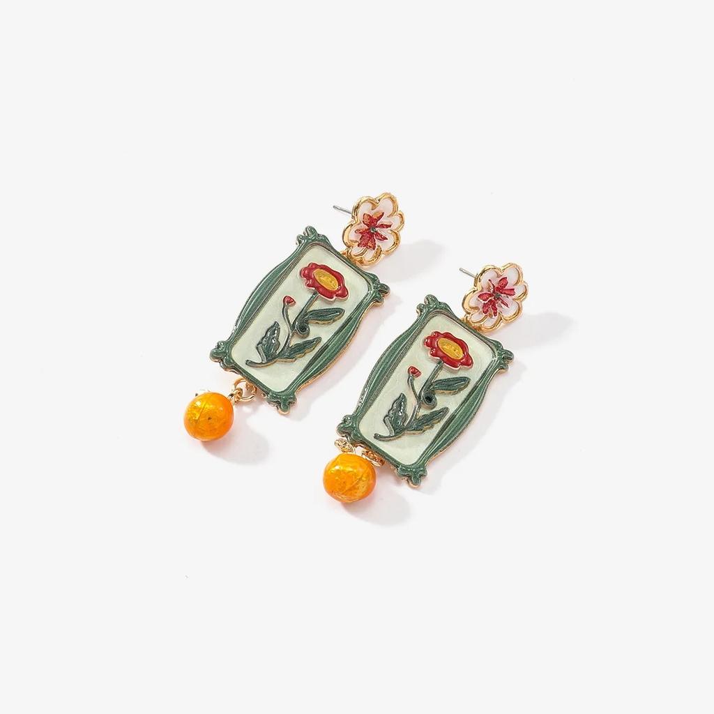 Bohemia Artistic Retro Exquisite Flower Dangle Pastoral Style Alloy Printed Drop Earrings for Women Ladies Jewelry Accessories