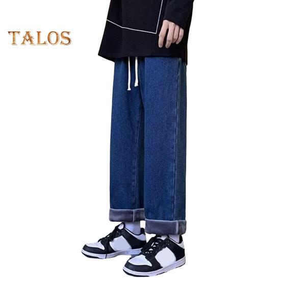 

Мужские джинсовые брюки с эластичной талией, регулируемые на шнурке, прямые, широкие джинсы, осенне-зимние, термоизоляционные, с бархатной подкладкой L