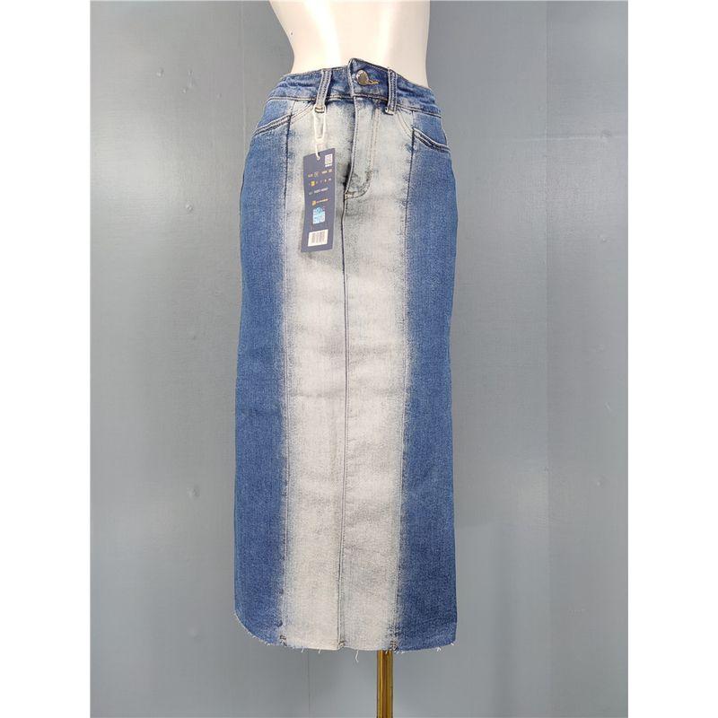 

Street Denim Contrast Color Split Pocket Sheath Skirt Blue and white cowboy 2XL(11)