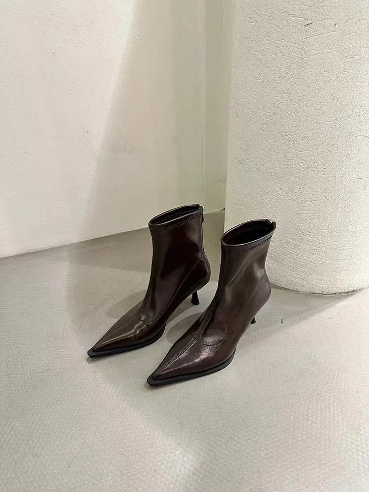 Spring Women's Pointed Toe High-heeled Short Boots with Stiletto Heelsoptional Fleece Lining Medium-heeled Fashion Women's Boots