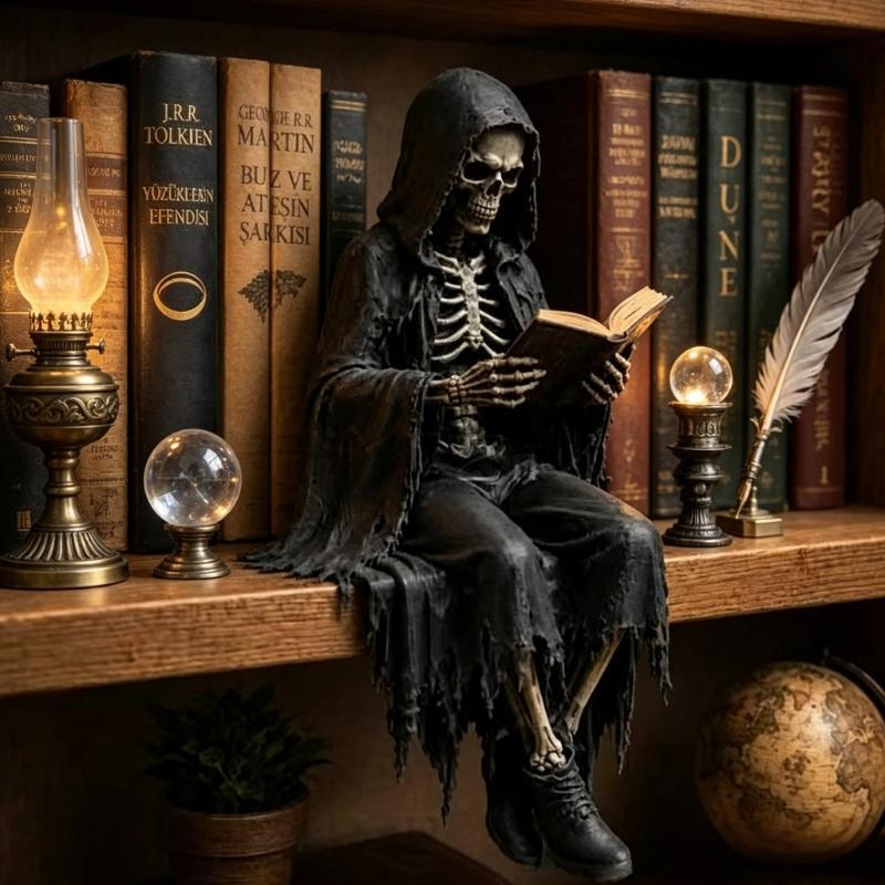 Open Book Reading Figurine Resin Shelf Sitter for Bookshelf Display, Dark Fantasy Statue for Desk Placement and Library Use