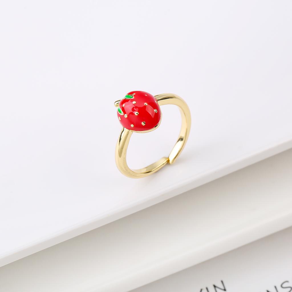 New Creative Copper Oil Drop Red Strawberry Zirconia Ring Charm For Woman Girl Vacation Casual Jewelry Accessories Adjustable