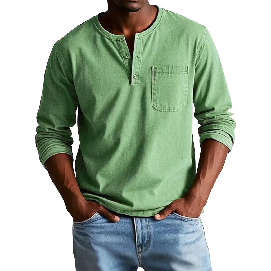 Men's Solid Color Distressed Button Collar Long Sleeve Tops Men's Casual Fashion Tops