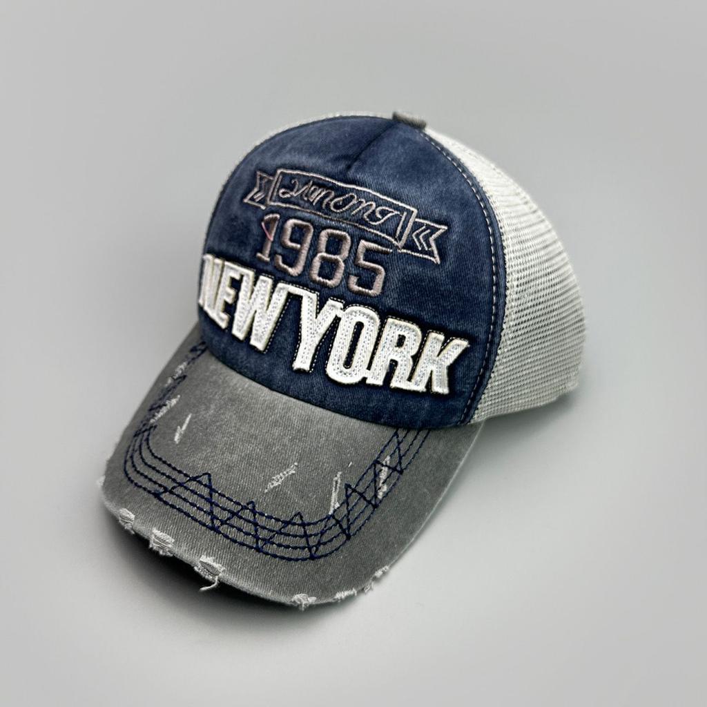 Street Hole Wind Embroidery Letter Baseball Cap Men's and Women's Sunshade Mesh Eye Color Matching Personalized Hat Vintage Washed Mesh Baseball Cap