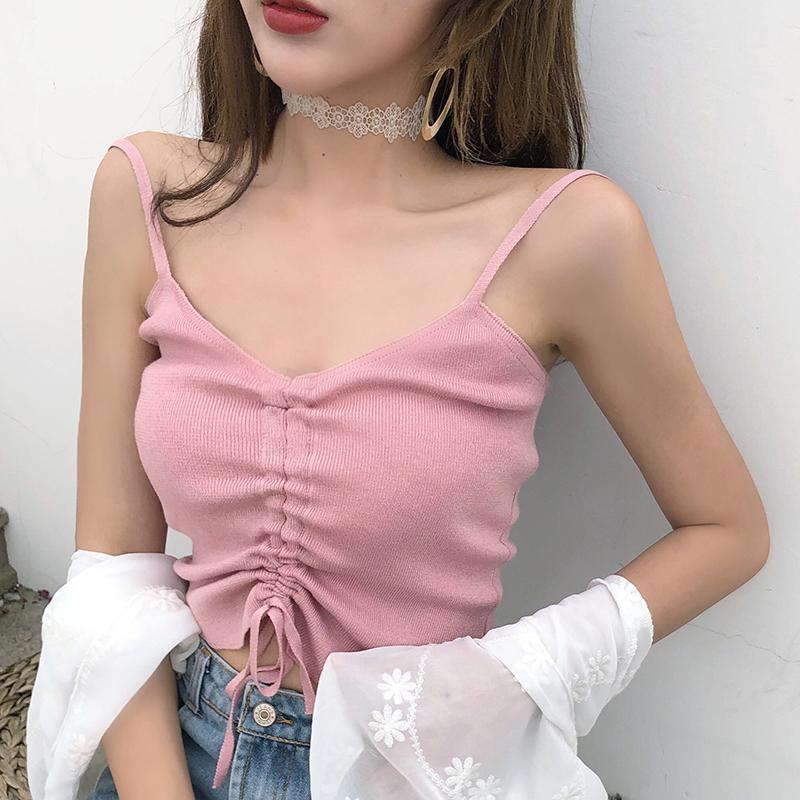 FINETOO Trendy Drawstring Camisoles Women Candy Color Sleeveless Tops Comfortable Tanks Ladies Soft Top Streetwear Camisole 2022