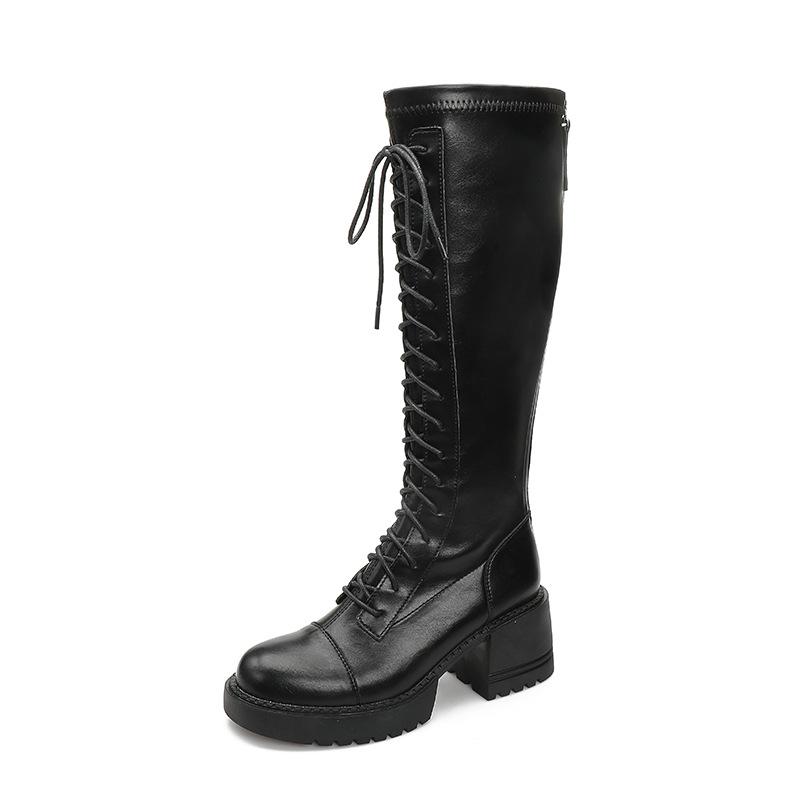 2024 Autumn and Winter New Long Martin Boots Women's Lace-up High Knight Boots Women's Round Head Thick Heel Thick-soled Long Boots Women