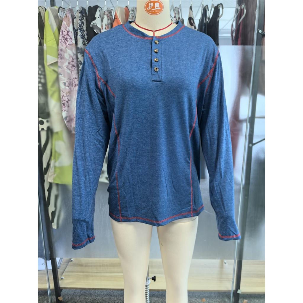 Men's American Retro Henley Collar Long Sleeve T-Shirt Contrast Color Topstitch Slim Fit Casual Bottoming Shirt