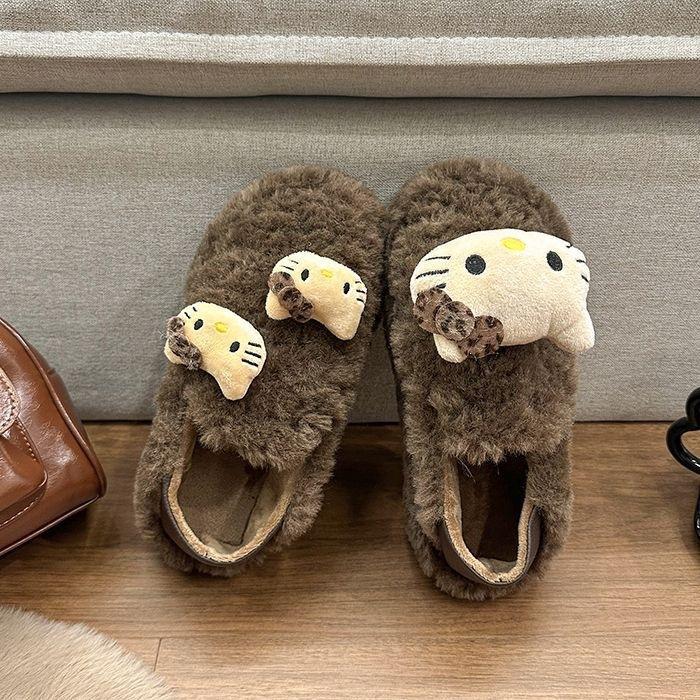 New fashionable and cute cartoon KT cat platform bag heel fluffy shoes women's versatile velvet warm snow cotton shoes