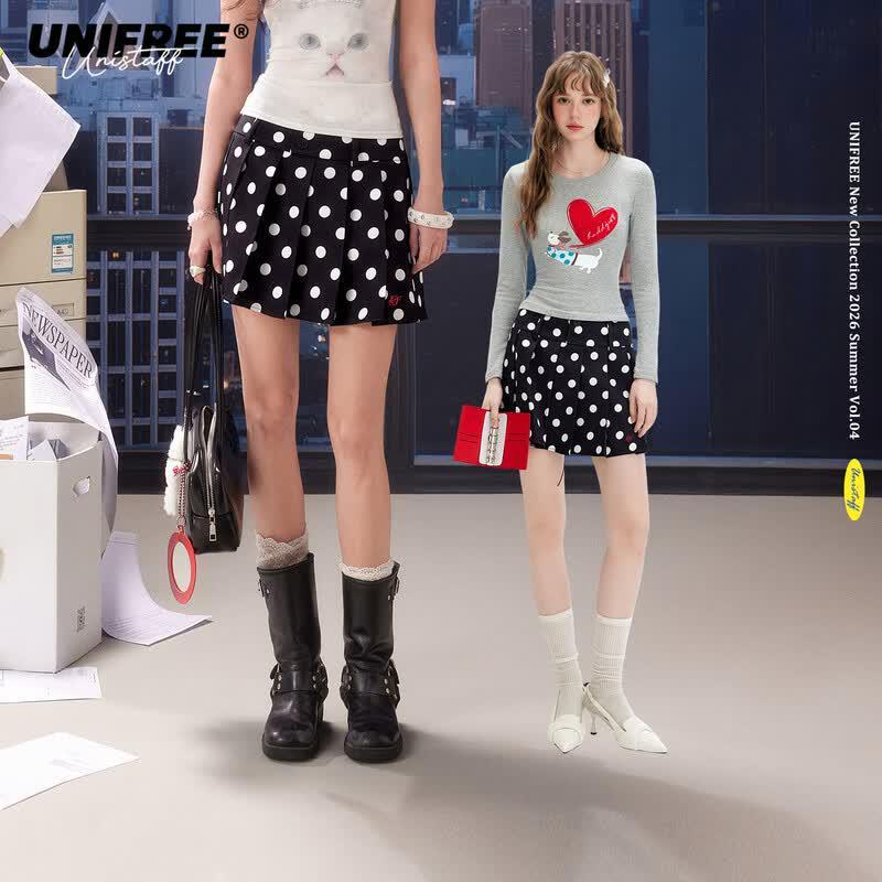 UNIFREE Plus Size American Retro Polka Dot Pleated Skirt 2XL