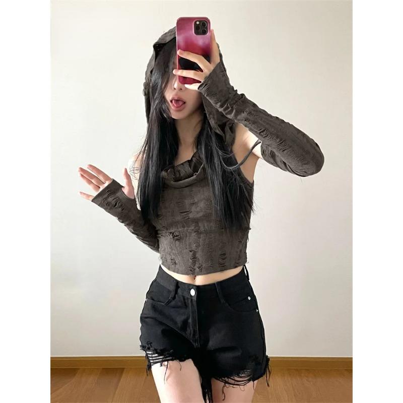 Sylcue Einfarbiges Vintage-Distressed-Design, schlichtes All-Match, modisch, cool, cool, für den Sommer, reisefrei, gestricktes Kapuzenoberteil für Damen