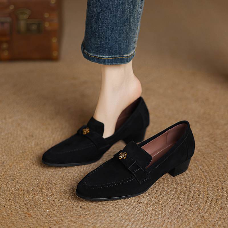 Krazing Pot Sheep Suede Autumn Winter Shoes Metal Decoration Loafers Med Heels Slip On Size 42 Round Toe Slip On Deep Mouth Pumps