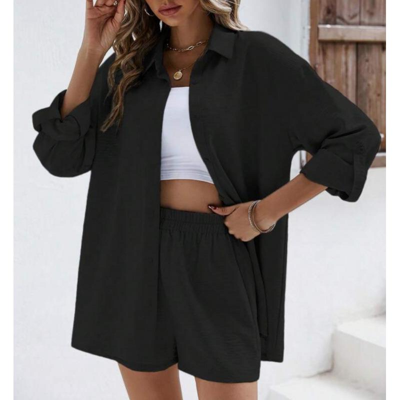 Fashionable Casual Suit Women's Clothing Spring Solid Color Lapel Long Sleeve Shirt High-Waisted Shorts Elastic Waist Skirt