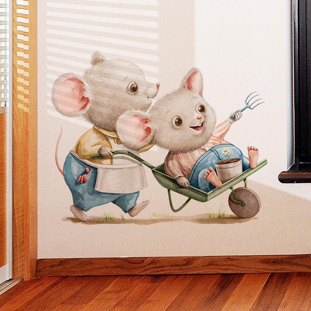 Cute Mouse with Cart Wall Stickers for Kids Room Nursery Wall Decoration Waterproof PVC Wall Art
