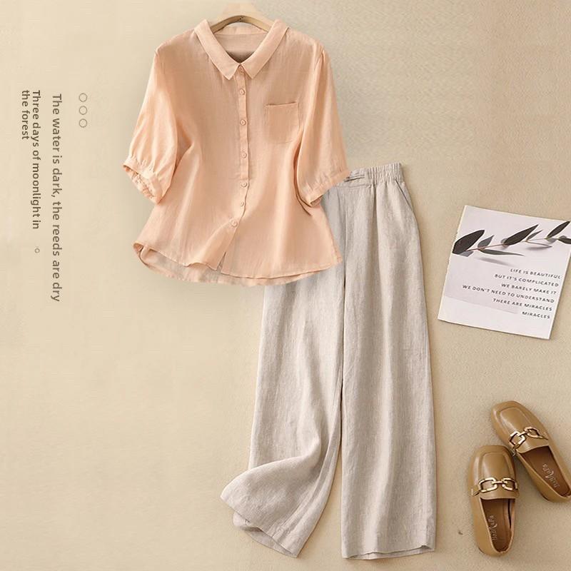 

Large Size Summer Cotton Linen Set for Mom Casual Faionable Belly Covering Two Piece Suit Ort Sve Collar Button Up 3XL рожевий
