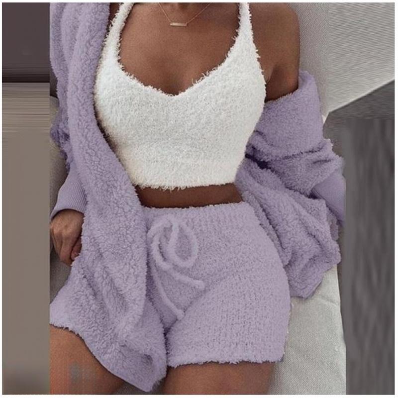 Damen Winter Plüsch Hauskleidung Lässiger 2-teiliger Pyjama Langarm Shorts Sportanzug für Damen