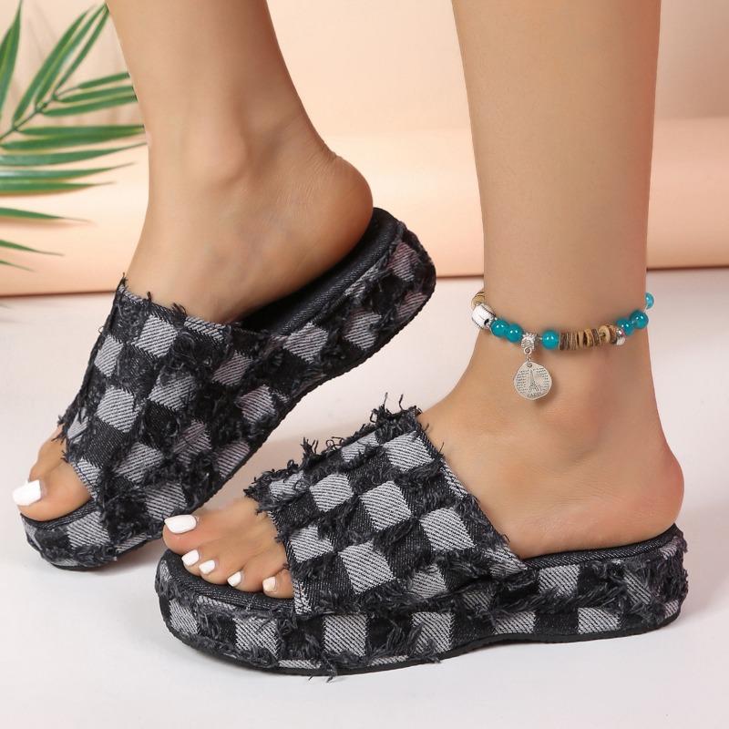 Women's Shoes Summer New Slope Heel Thick Sole Beach Outerwear Plaid Denim Slippers