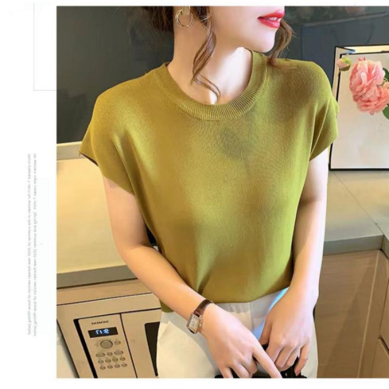 New ice silk knitted sweater women's summer thin shoulder sleeves loose and thin round neck short-sleeved bottoming top