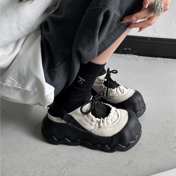 2025 Spring New Big Head Bread Shoes Women's Dark Apricot Wave Platform Fashion Casual Smile Single Shoes