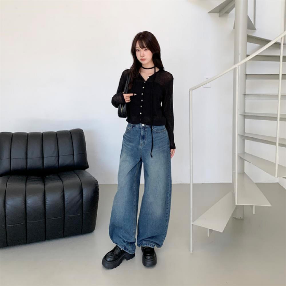 New Arrivals Open Run Women Casual Washing Medium Blue Balloon Fit Wide Denim