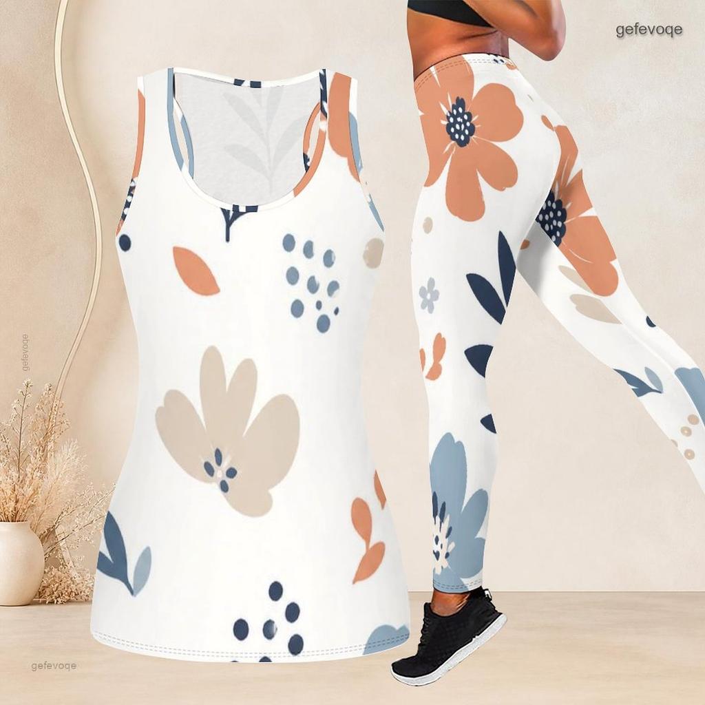 Women Plus Size Floral Printed Two Piece Set Scoop Neck Sleeveless Longline Tank Top Fitted Pants