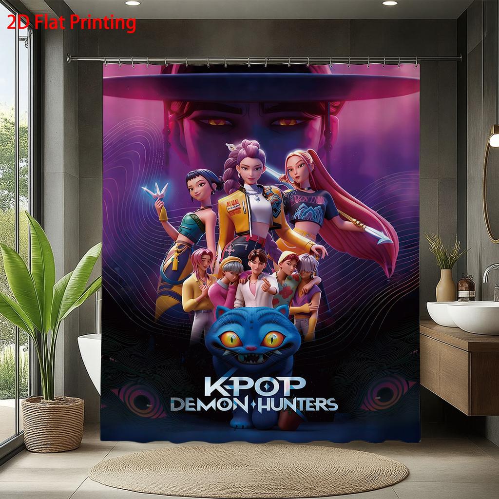 1pc K-Pop Demon Hunters print waterproof shower bathroom partition privacy hanging curtain with 12 hooks easy installation