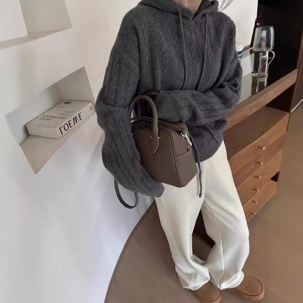 Women's Hooded Pure Wool Cable Knit Sweater - Loose Slimming Fit, Solid Color, Ideal for Autumn/Winter