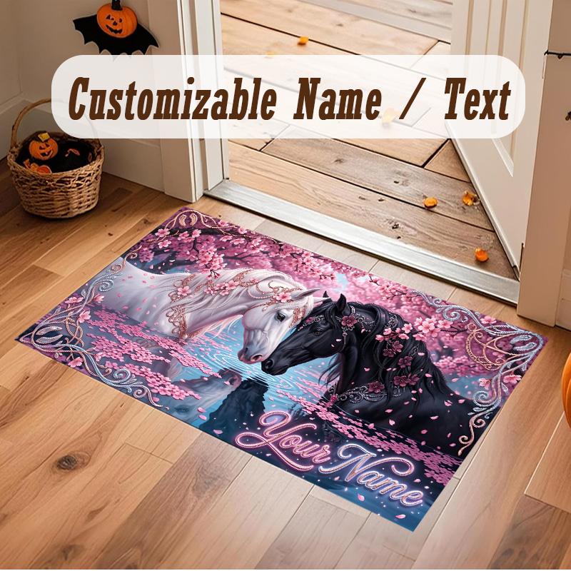 Horse Theme Soft Crystal Velvet Rug Custom Name & Text Print Non Slip Floor Rug for Bedroom Living Room