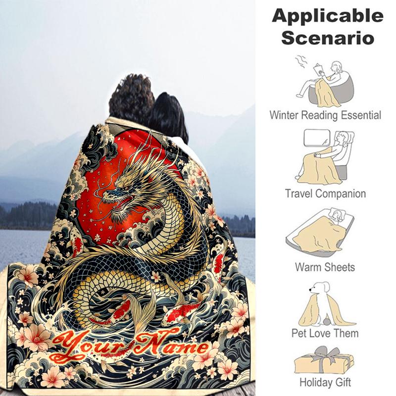 1PC Custom Name Dragon Flowers Tattoo flannel blanket versatile,all-season throw suitable for the living room,bedroom,camping,travel,and gift