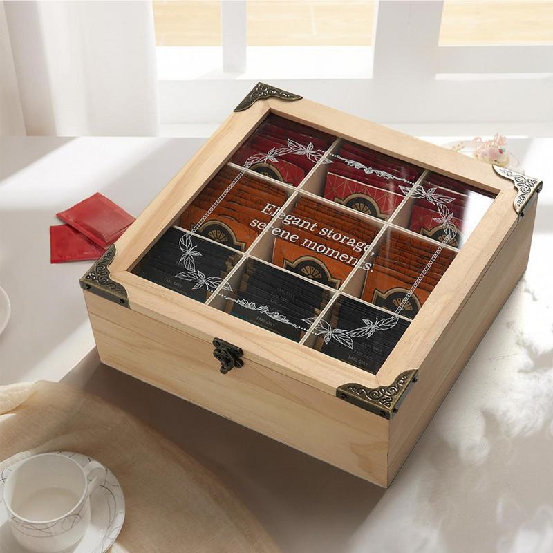 Tea Box Organizer Tea Bag Holder 9 Compartments Decorative Teabag Holder Containers Teabox Station Display For Friends Lovers