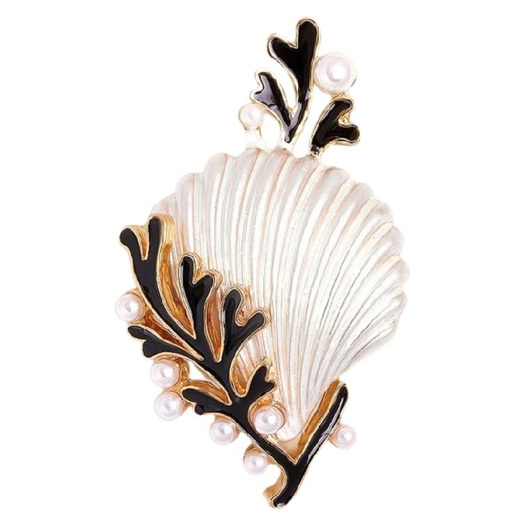 Vintage Style Shell Coral Brooch Pearls Accent Enamel Detailing Alloy Statement Jewelry Handmade Gift For Her