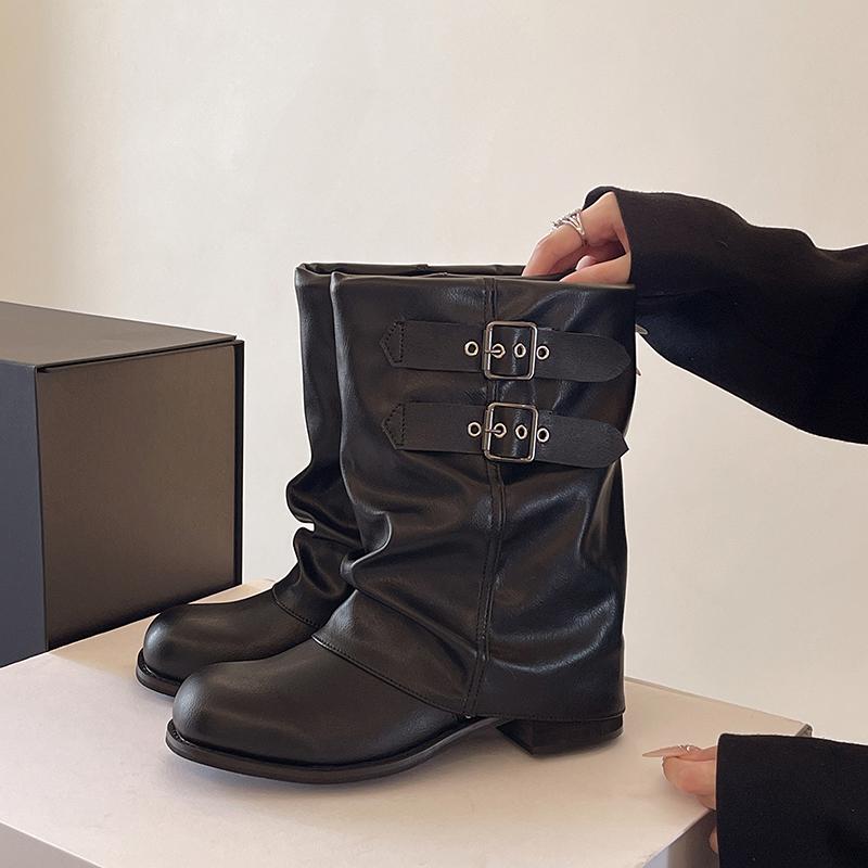 Autumn Vintage Thick Heel Women Western Cowgirl Boots Fashion Belt Buckle Ladies Elegant Mordern Mid Calf Booties