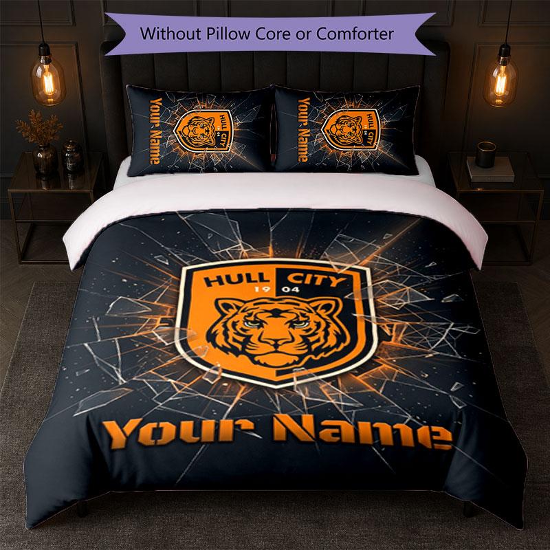 Hull City Individueller Name Text Bettwäsche Set 1 Bettbezug + 2 Kissenbezüge Fußball Logo Personalisierte Geschenk für Besonderen Anlass Schlafzimmer Dekor