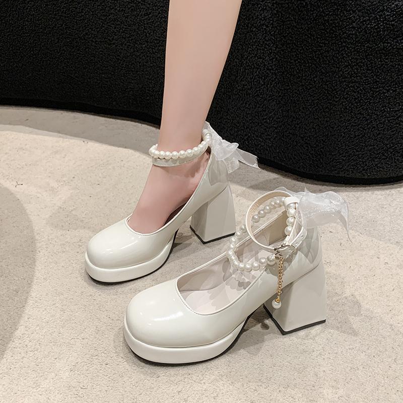 Designer Mary Jane Shoes Women's Spring New Ultra-high Heel Pearl Chain with Platform Block Heel Wedding Shoes Lolita Shoes
