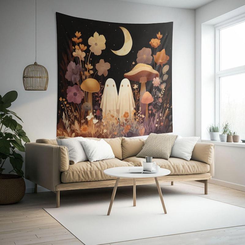 Ghost Garden Whimsy Tapestry With Cute Ghosts Mushrooms Wildflowers Crescent Moon Halloween Wall Art For Witchy Decor  Halloween
