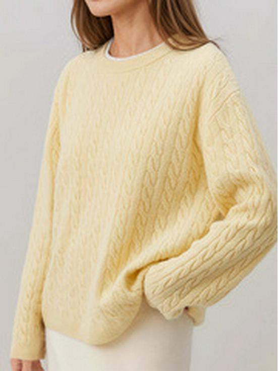 Autumn & Winter Solid Color Round Neck Cable Knit Lazy Style Sweater