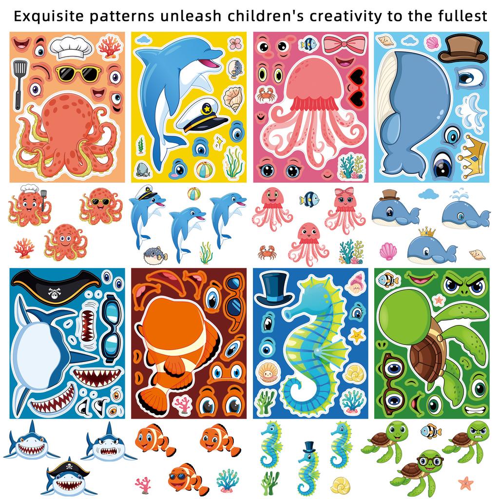 Non-Toxic 8Sheets Diy Ocean Animal Puzzle Stickers Set For Kids Creative Jigsaw Stickers Octopus Shark Crab Designs Children'S Toy Gift