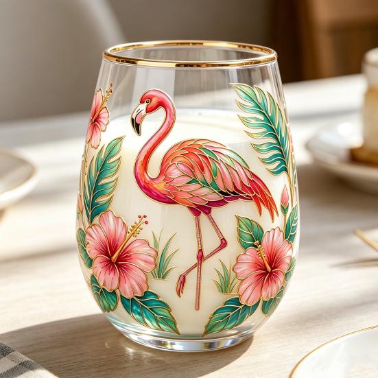 Bicchiere da cocktail Farfalla Fenicottero, Tazza Giardino Fiorito Dipinta a Mano, Bicchiere da Vino Succo con Bordo Dorato, Regalo Unico per Lei